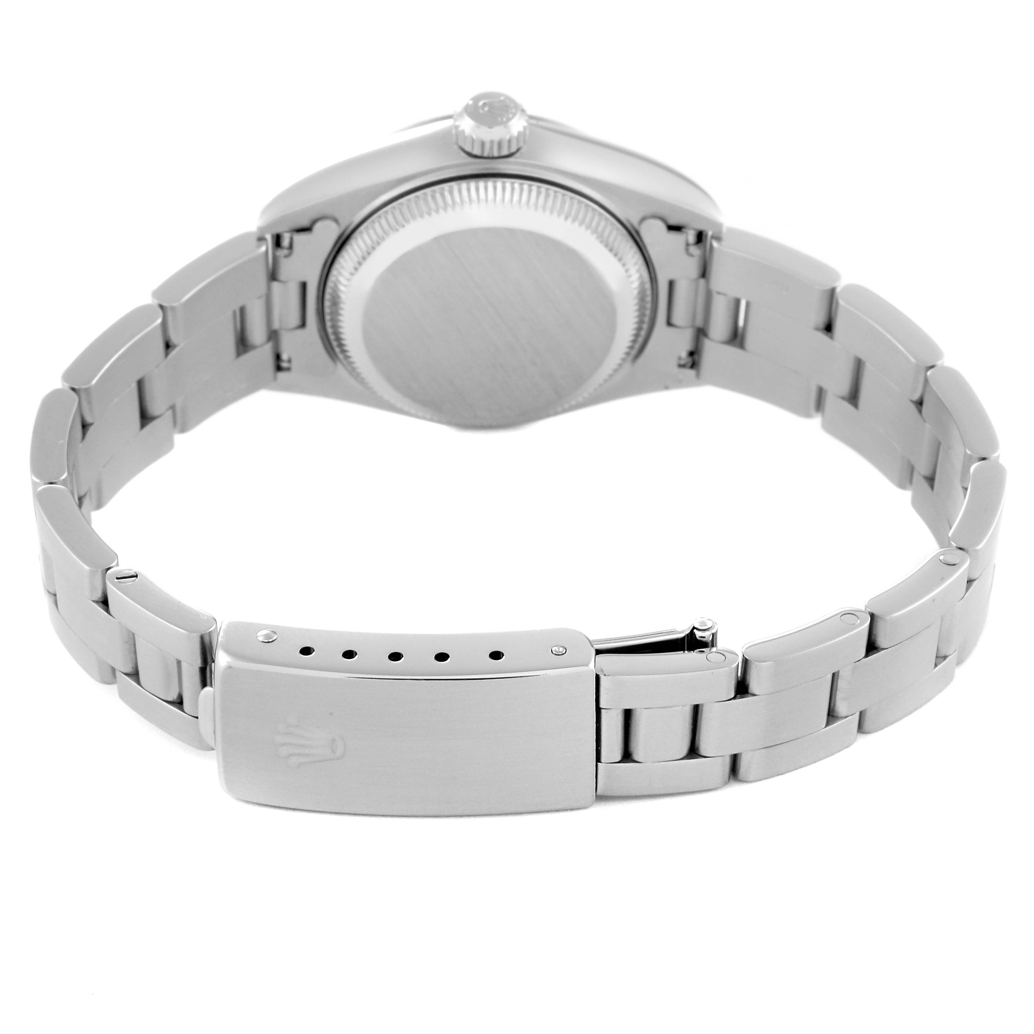 This image shows the back of the Rolex Date 69160 Women's Stainless Steel White Dial 69160 Women's Stainless Steel White Dial model watch, focusing on its case, bracelet, and clasp.