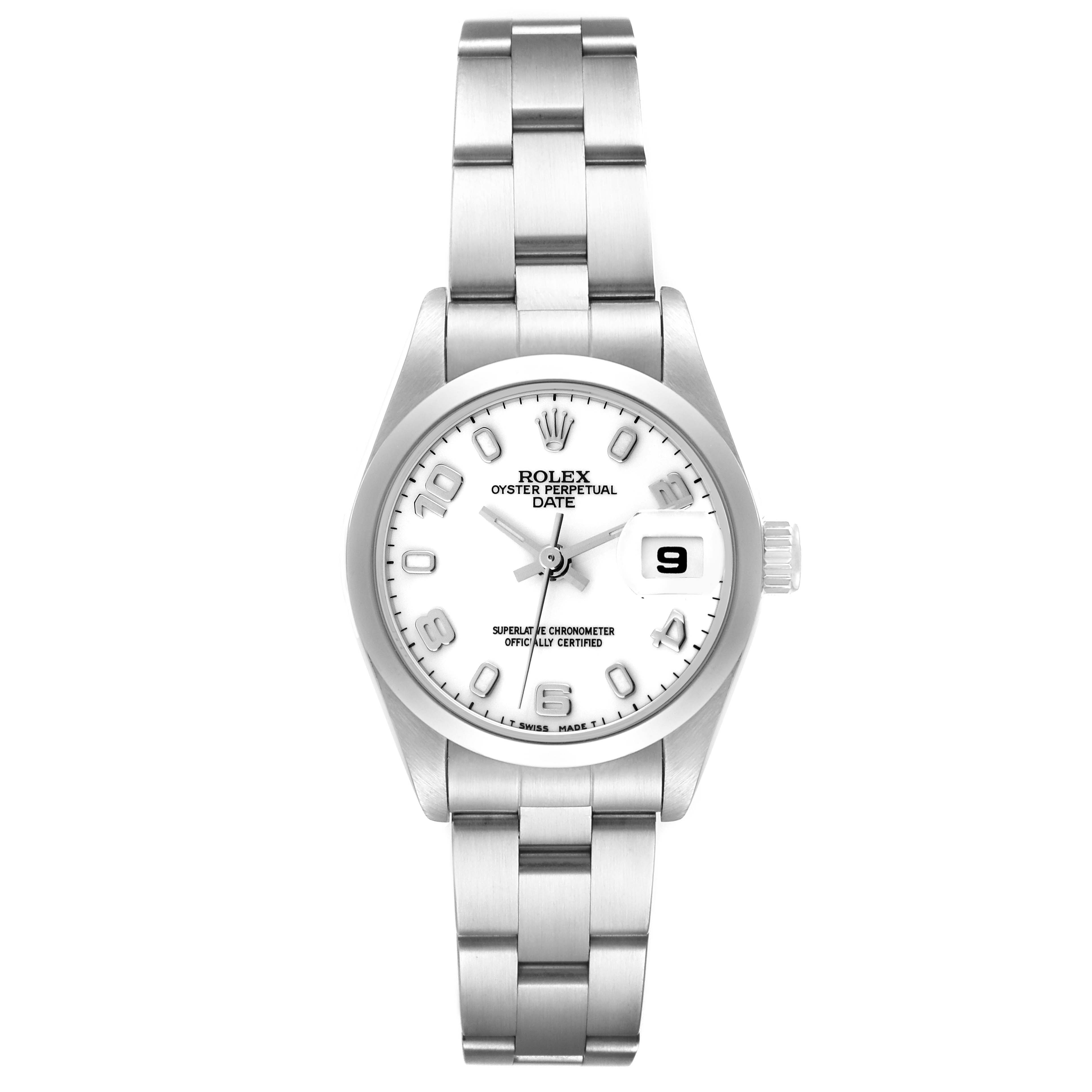 This Rolex Date 69160 Women's Stainless Steel White Dial 69160 Women's Stainless Steel White Dial model is shown from a top-down angle, displaying the face, bezel, and bracelet.