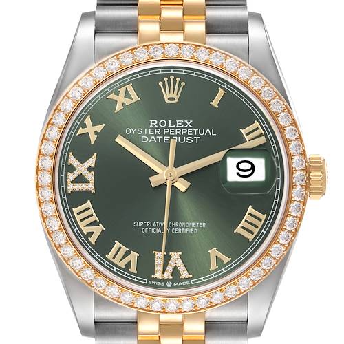 The Rolex Datejust 126283RBR Men's Steel and Gold (two tone) Green Dial 126283RBR Men's Steel and Gold (two tone) Green Dial is shown from a frontal angle, highlighting the green dial, gold Roman numerals, and diamond bezel.
