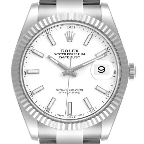 The Rolex Datejust 41 126334 Men's Stainless Steel White Dial 126334 Men's Stainless Steel White Dial is shown from the front, highlighting the dial, hands, date window, and fluted bezel.