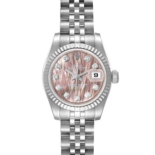 This Rolex Datejust 179174 Women's Stainless Steel Mother of Pearl Dial 179174 Women's Stainless Steel Mother of Pearl Dial watch is shown from a top-down angle, displaying the face, bezel, and bracelet.