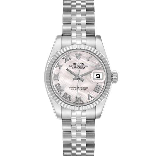 The Rolex Datejust 179174 Women's Stainless Steel Mother of Pearl Dial 179174 Women's Stainless Steel Mother of Pearl Dial watch is shown from a front angle, displaying the dial, case, bracelet, and date window.