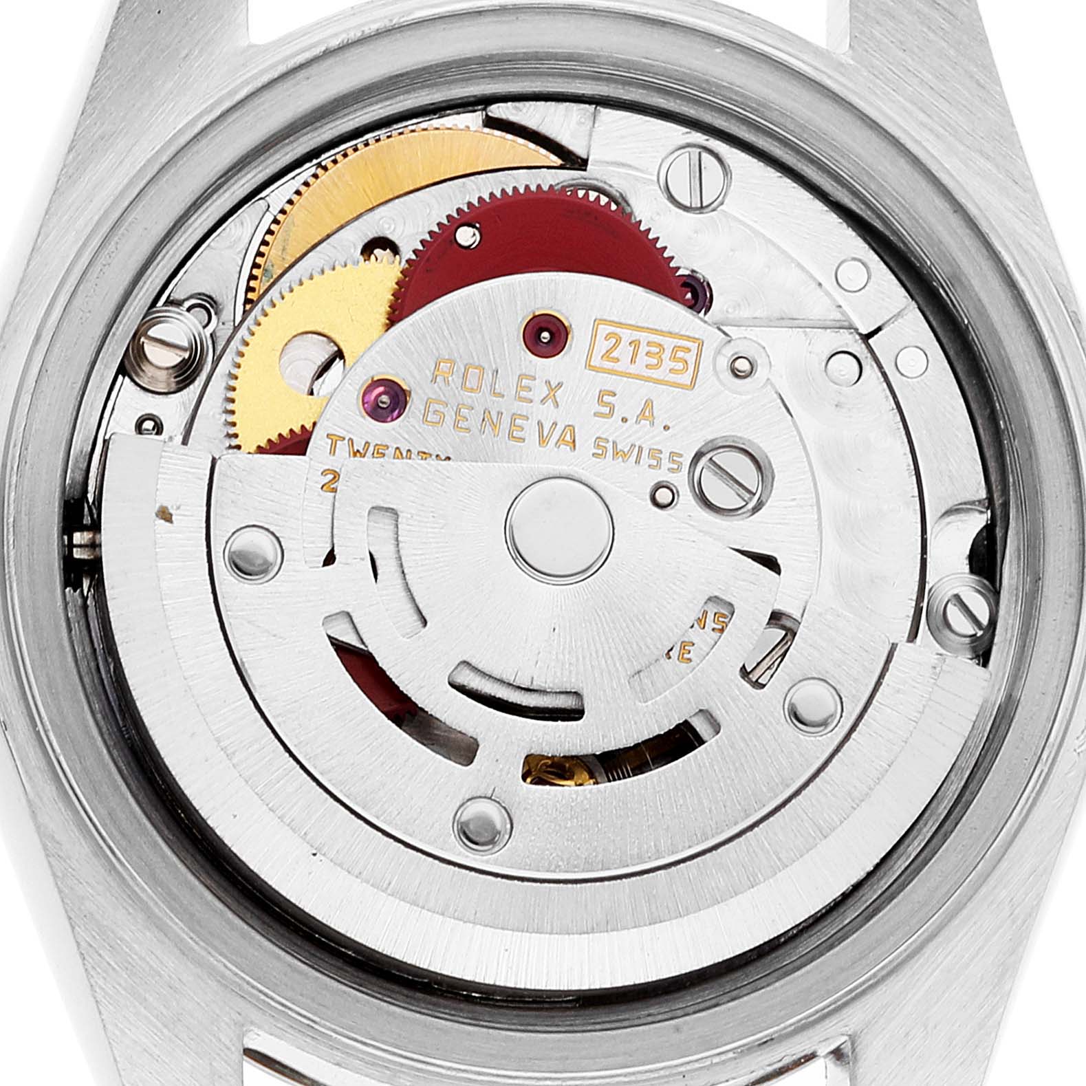 This image shows the internal mechanical movement of a Rolex Datejust 69173 Women's Steel and Gold (two tone) Champagne Dial 69173 Women's Steel and Gold (two tone) Champagne Dial watch from the back angle, revealing the components and gears.