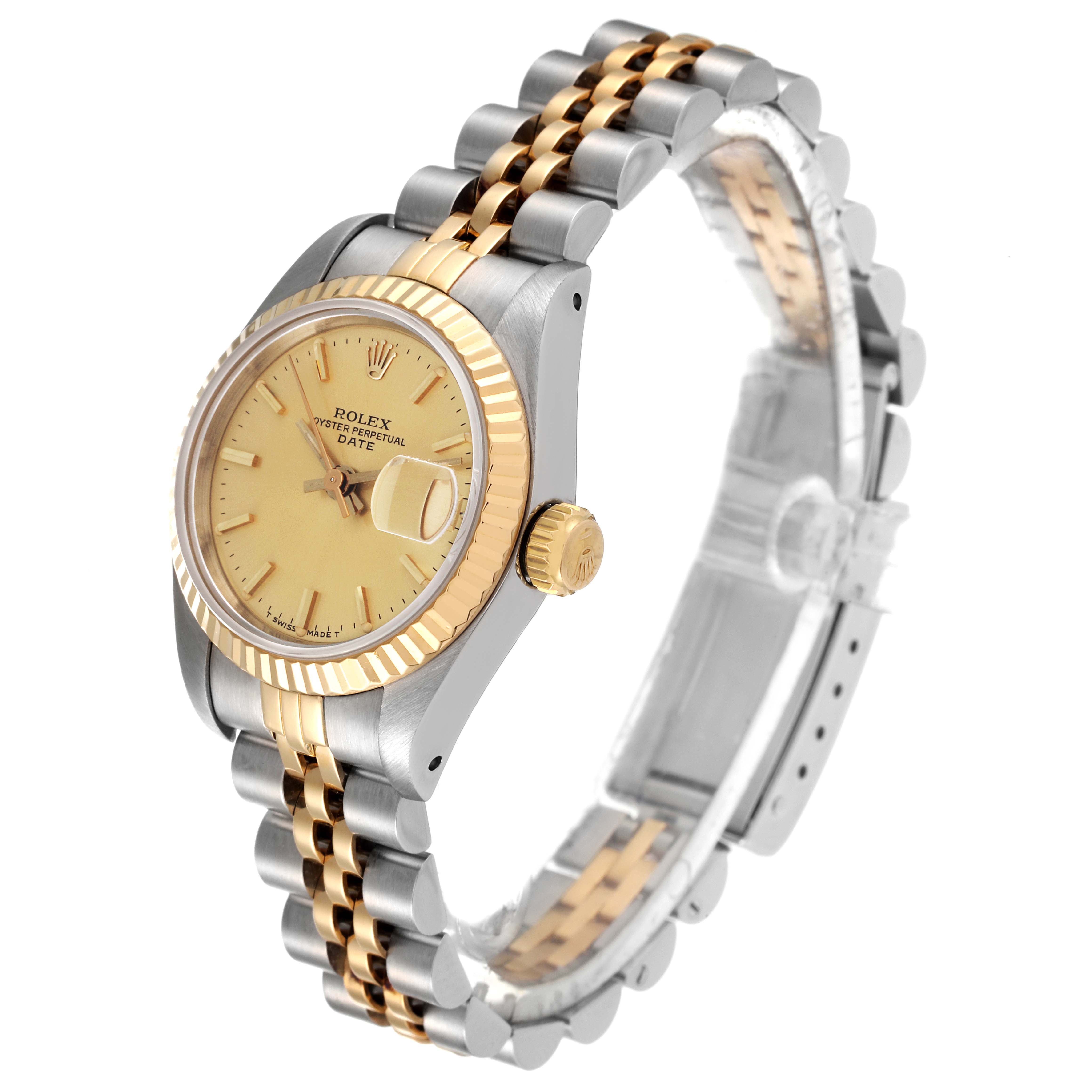 The image shows a Rolex Datejust 69173 Women's Steel and Gold (two tone) Champagne Dial 69173 Women's Steel and Gold (two tone) Champagne Dial watch at a three-quarter angle, highlighting its gold and silver bracelet and dial.