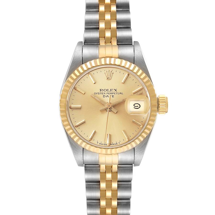 This Rolex Datejust 69173 Women's Steel and Gold (two tone) Champagne Dial 69173 Women's Steel and Gold (two tone) Champagne Dial watch is shown from the front, featuring its gold and silver bracelet, fluted bezel, and date display.