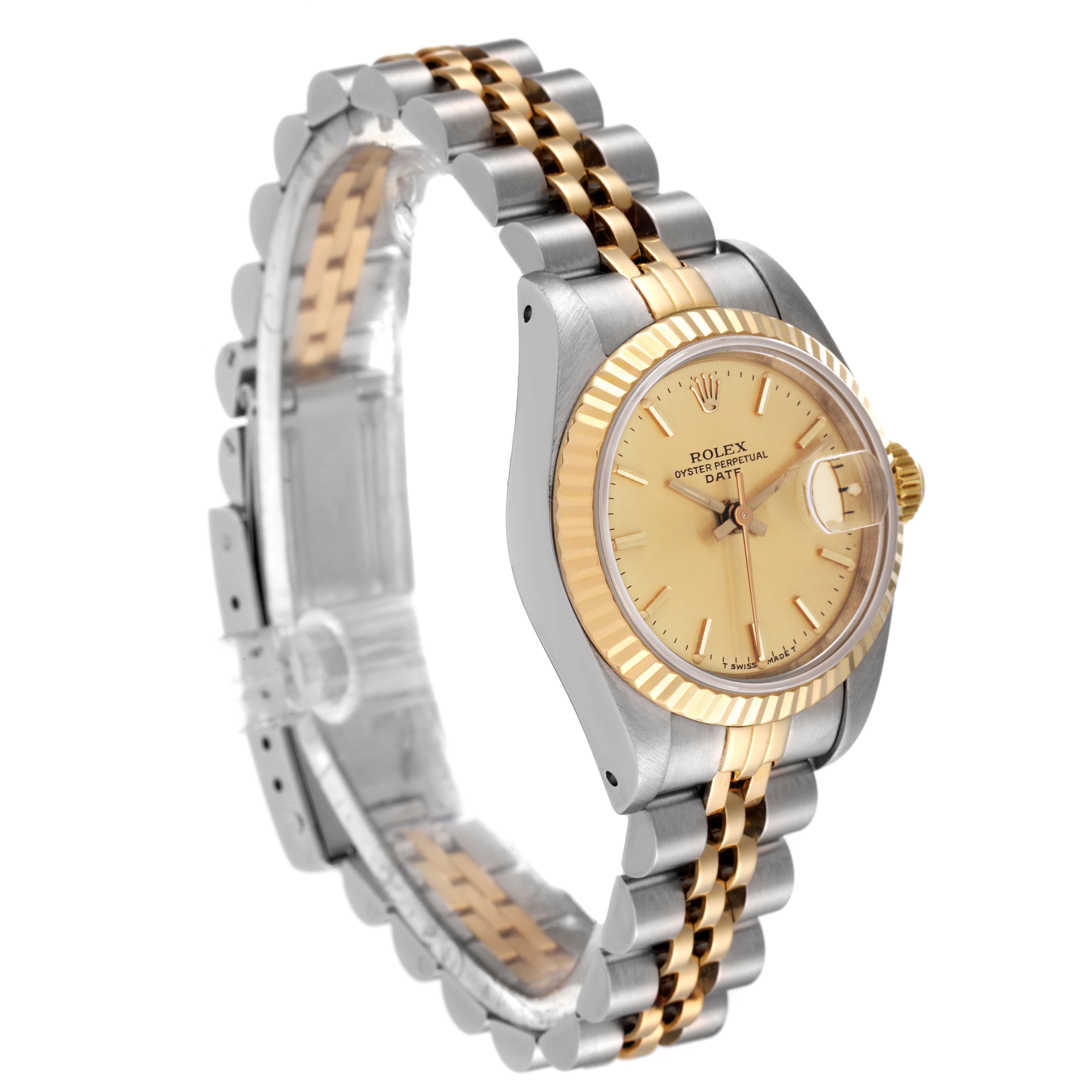 The image shows a side angle of a Rolex Datejust 69173 Women's Steel and Gold (two tone) Champagne Dial 69173 Women's Steel and Gold (two tone) Champagne Dial watch, displaying the dial, bezel, crown, and metal bracelet.