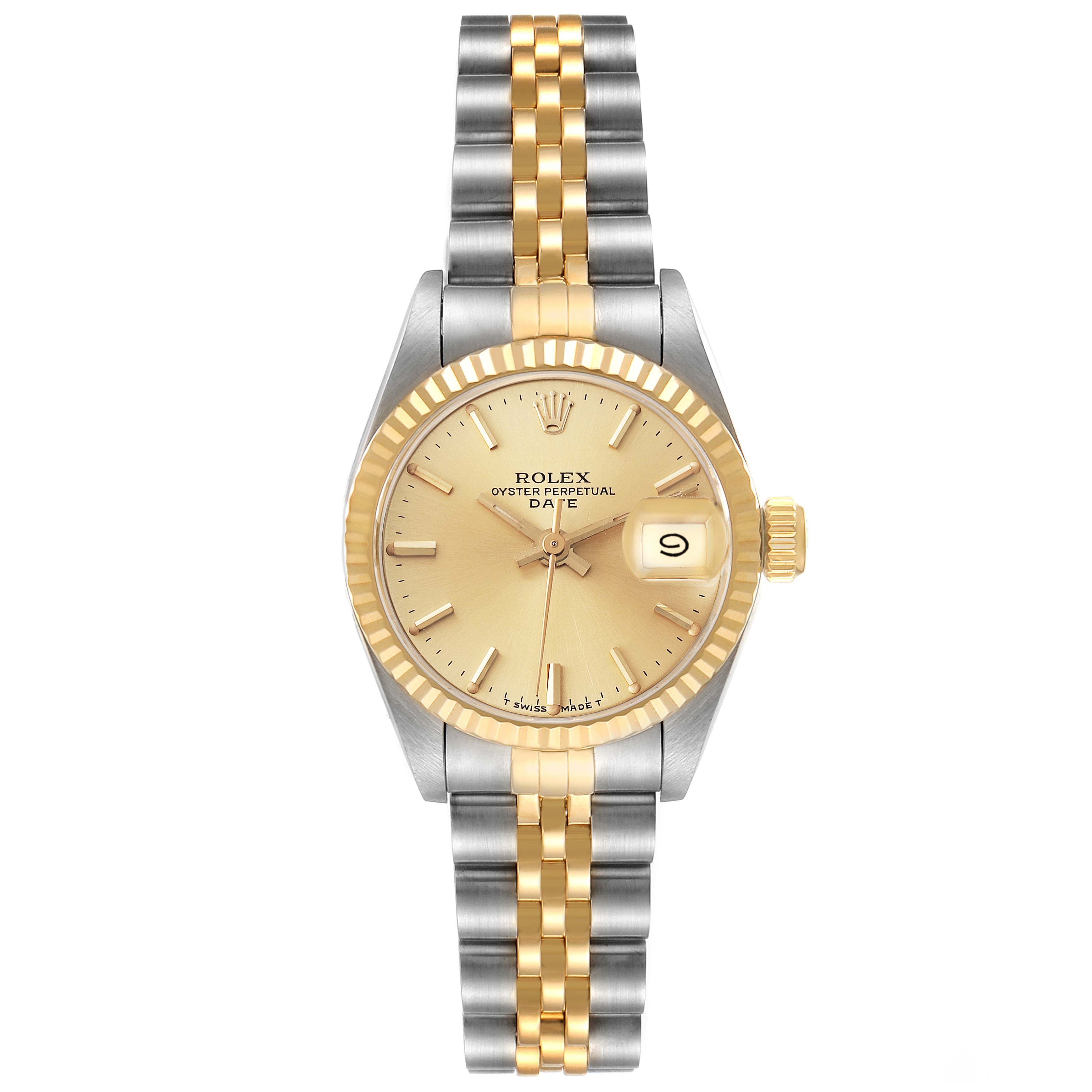 The image shows a full frontal view of a Rolex Datejust 69173 Women's Steel and Gold (two tone) Champagne Dial 69173 Women's Steel and Gold (two tone) Champagne Dial watch, highlighting its gold and silver two-tone bracelet and date display.