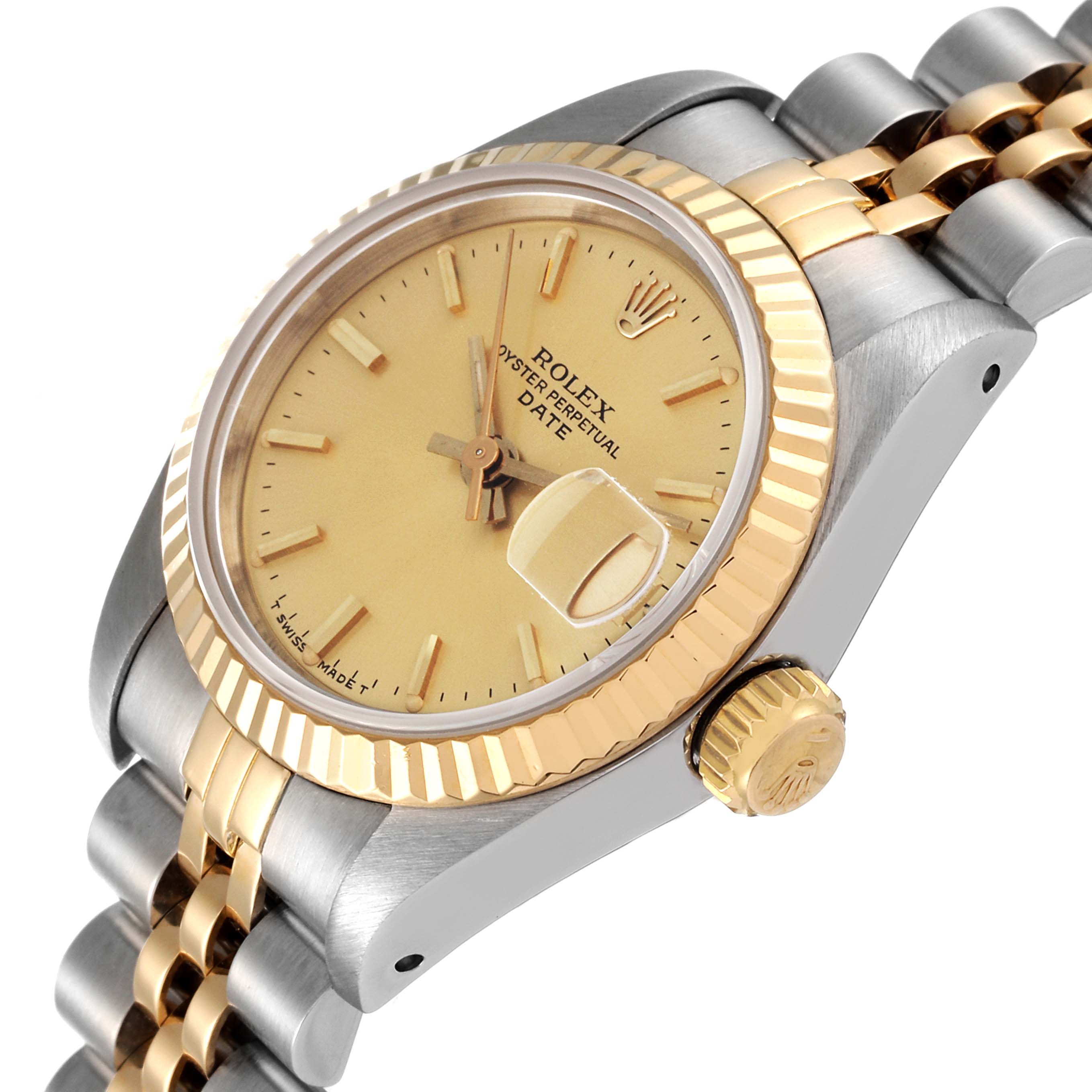 This Rolex Datejust 69173 Women's Steel and Gold (two tone) Champagne Dial 69173 Women's Steel and Gold (two tone) Champagne Dial watch is shown at an angle displaying its dial, bezel, crown, and part of the bracelet.