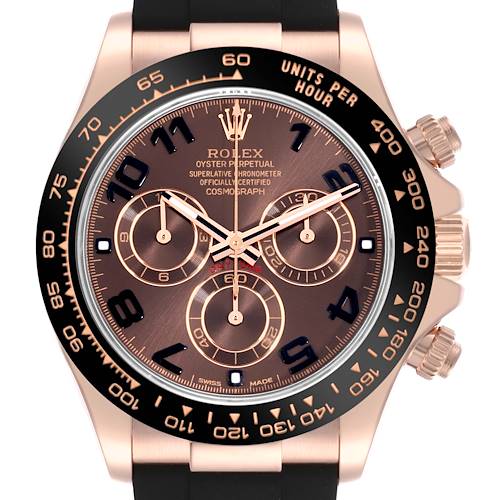 The Rolex Daytona 116515LN Men's Rose Gold Brown Dial 116515LN Men's Rose Gold Brown Dial watch is shown from a frontal angle, displaying its face, bezel, pushers, and crown.