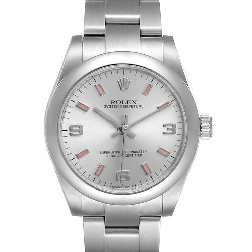 This image shows a front view of a Mid-Size Rolex Oyster Perpetual watch, displaying the dial, bezel, and part of the bracelet.