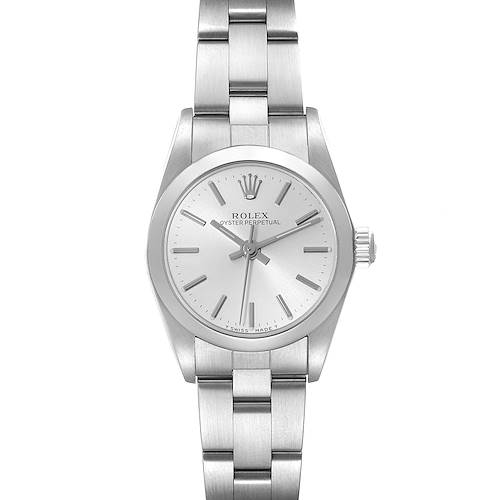 This is a front view of a Rolex Oyster Perpetual 76080 Women's Stainless Steel Silver Dial 76080 Women's Stainless Steel Silver Dial watch showcasing the dial, crown, and bracelet.