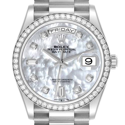 The Rolex President 128349 Men's White Gold Mother of Pearl Dial 128349 Men's White Gold Mother of Pearl Dial model watch is shown front-facing, highlighting its diamond bezel, day, and date features.