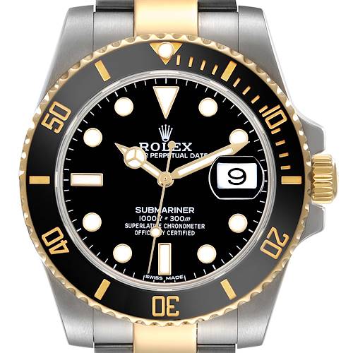 This image shows a Rolex Submariner 116613 Men's Steel and Gold (two tone) Black Dial 116613 Men's Steel and Gold (two tone) Black Dial watch from the front, highlighting the dial, hands, bezel, and crown.