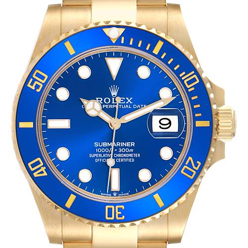 The Rolex Submariner 126618LB Men's Yellow Gold Blue Dial 126618LB Men's Yellow Gold Blue Dial is shown from a front angle, highlighting the blue dial and gold bezel with its iconic design features.