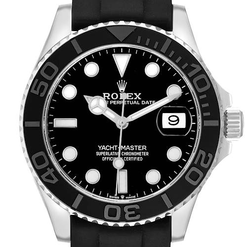 The Rolex Yacht-Master 226659 Men's White Gold Black Dial 226659 Men's White Gold Black Dial watch is shown from the front, highlighting the bezel, dial, hands, and date window.
