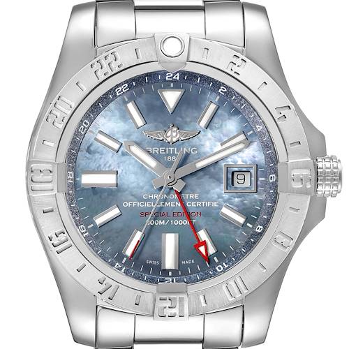 The image shows a front view of the Breitling Avenger A3239011-C872-170A Men's Stainless Steel Mother of Pearl Dial A3239011-C872-170A Men's Stainless Steel Mother of Pearl Dial watch, highlighting its face, bezel, hands, and band.