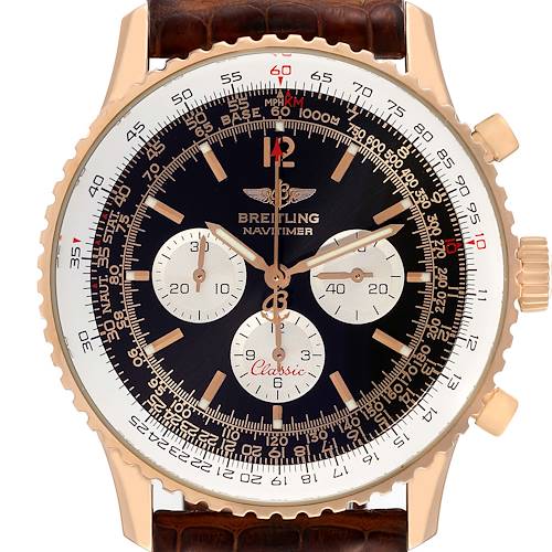 The image shows a front view of a Breitling Navitimer H30330 men's watch, highlighting the dial, bezel, chronograph subdials, and crown.