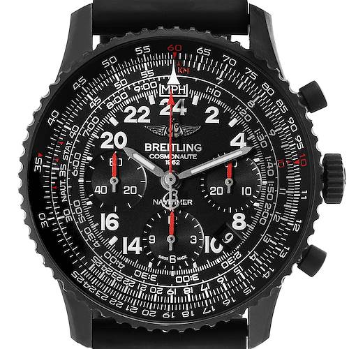 The image shows a front view of a Breitling Navitimer MB0210 Men's Stainless Steel Black Dial MB0210 Men's Stainless Steel Black Dial watch, featuring its intricate dial with multiple subdials and a black bezel.