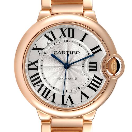 The image shows a front view of the Cartier Ballon Bleu W69004Z2 Men's Rose Gold Silver Dial W69004Z2 Men's Rose Gold Silver Dial watch, highlighting its Roman numeral dial and distinctive crown.