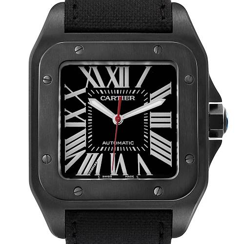 The image shows a front angle of the Cartier Santos WSSA0006 Men's Stainless Steel Black Dial WSSA0006 Men's Stainless Steel Black Dial watch, highlighting its face, bezel, and crown.