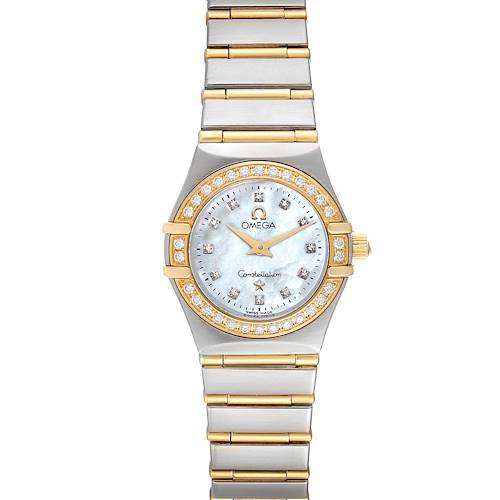 The image shows a front view of an Omega 1267.75.00 Women's Steel and Gold (two tone) Mother of Pearl Dial 1267.75.00 Women's Steel and Gold (two tone) Mother of Pearl Dial Constellation 95 Mother of Pearl Diamond Watch 1267.75.00 with the face, bezel, and bracelet visible.