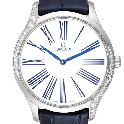 This image shows a front view of the Omega 428.18.39.60.04.001 Women's Stainless Steel White Dial 428.18.39.60.04.001 Women's Stainless Steel White Dial De Ville Tresor Steel Diamond Ladies Watch model 428.18.39.60.04.001, focusing on the dial and bezel.