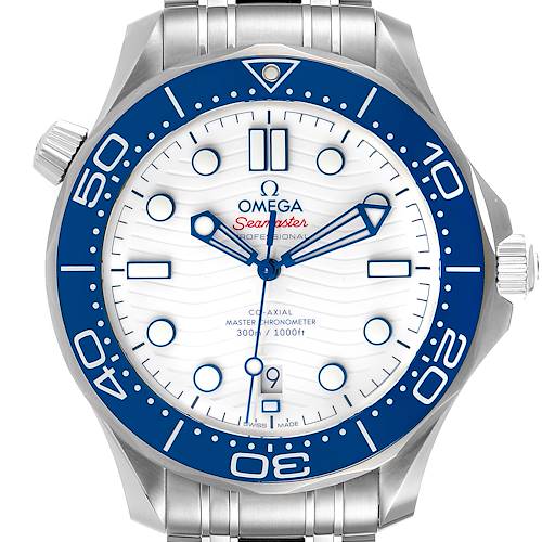 The image shows a frontal view of the Omega Seamaster 522.30.42.20.04.001 Men's Stainless Steel White Dial 522.30.42.20.04.001 Men's Stainless Steel White Dial watch, highlighting its dial, hands, bezel, and bracelet.