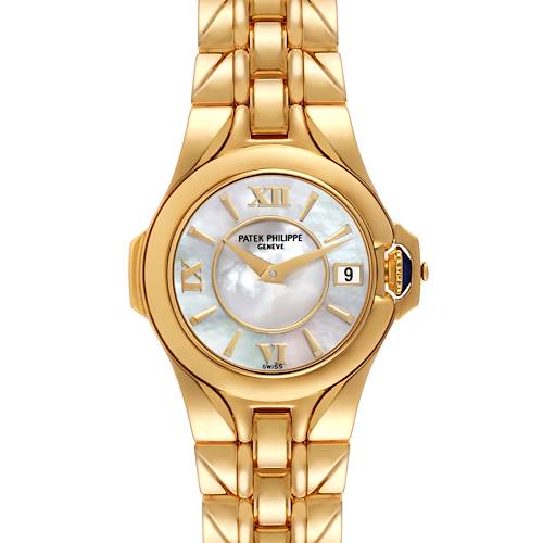This image shows a front view of a Patek Philippe Sculpture 4891/1 Women's Yellow Gold Mother of Pearl Dial 4891/1 Women's Yellow Gold Mother of Pearl Dial model watch, displaying the dial, bezel, and part of the band.