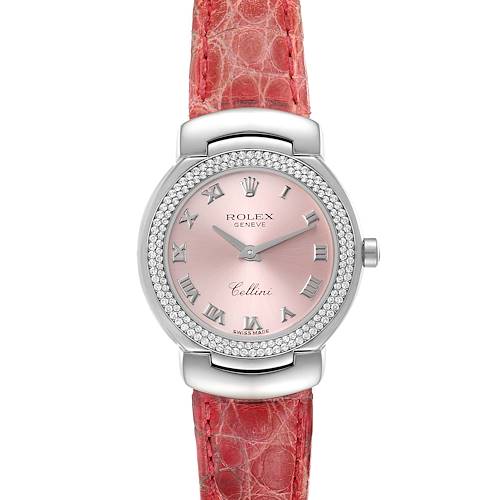 The image shows a front view of the Rolex Cellini 6671 Women's White Gold Pink Dial 6671 Women's White Gold Pink Dial watch with a pink dial, diamond-set bezel, and red leather strap.