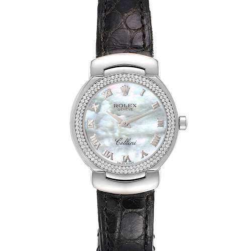 This image shows a frontal view of a Rolex Cellini 6671 Women's White Gold Mother of Pearl Dial 6671 Women's White Gold Mother of Pearl Dial watch with its face, bezel, and a section of its black leather strap.