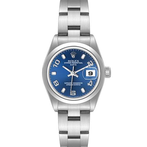 The Rolex Date 69160 Women's Stainless Steel Blue Dial 69160 Women's Stainless Steel Blue Dial watch is shown from the front, displaying its blue dial, date window, and stainless steel bracelet.