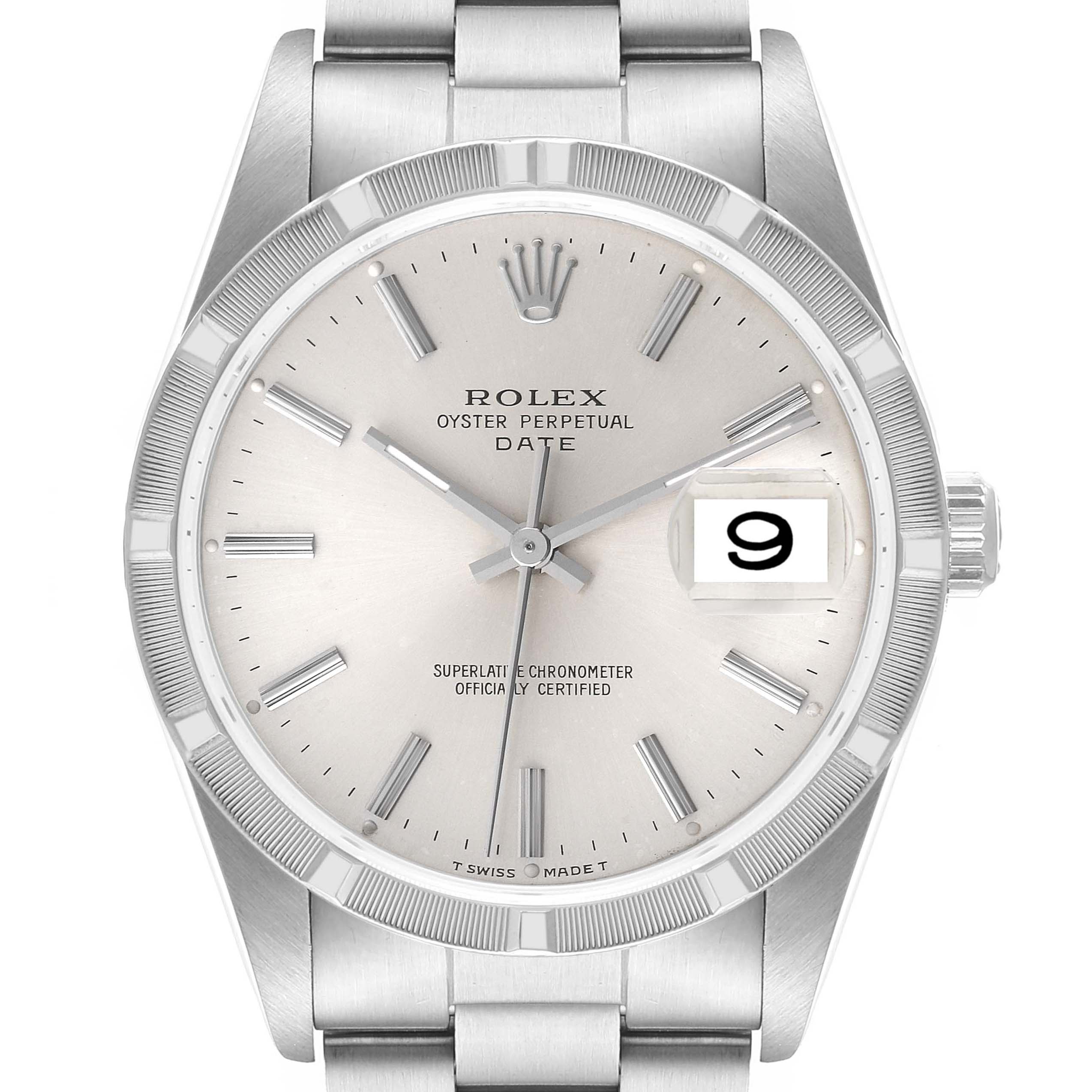 This image shows a front view of the dial and bracelet of a Rolex Oyster Perpetual Date watch.