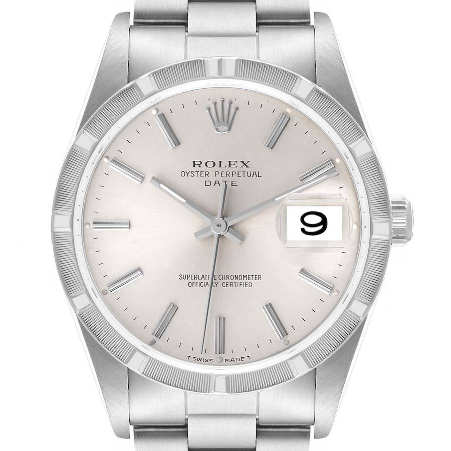 This image shows a front view of the dial and bracelet of a Rolex Oyster Perpetual Date watch.