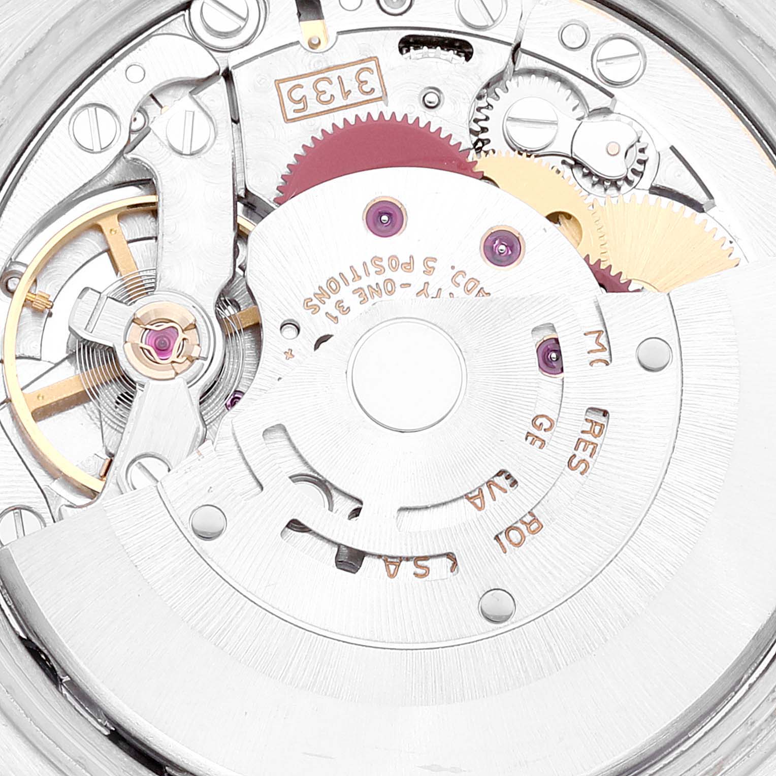 This close-up image shows the intricate movement mechanism of a Rolex Date 15210 Men's Stainless Steel Silver Dial 15210 Men's Stainless Steel Silver Dial model watch.