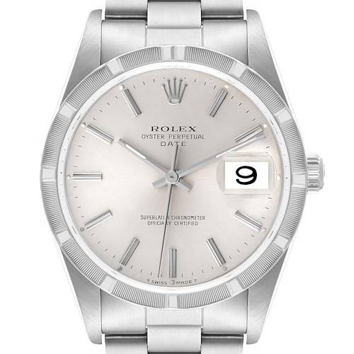This image shows a Rolex Oyster Perpetual Date model watch, viewed from the front, detailing the dial, bezel, and part of the bracelet.