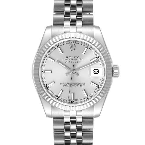 This is a front view of a Mid-Size Rolex Oyster Perpetual Datejust, showing the watch face, bezel, and bracelet.