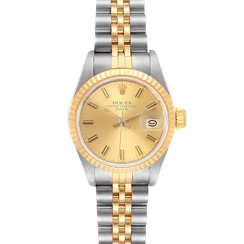 The image shows a front view of a Rolex Datejust 69173 Women's Steel and Gold (two tone) Champagne Dial 69173 Women's Steel and Gold (two tone) Champagne Dial watch, highlighting the dial, bezel, bracelet, and crown.