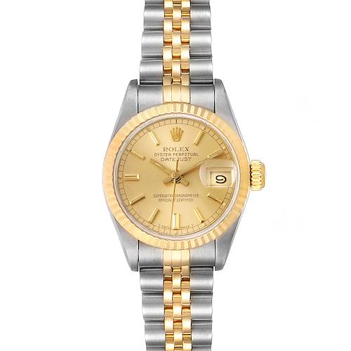 This Rolex Datejust 69173 Women's Steel and Gold (two tone) Champagne Dial 69173 Women's Steel and Gold (two tone) Champagne Dial watch is shown from a top-down angle, displaying its gold dial, fluted bezel, and two-tone metal bracelet.