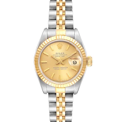 This image shows a front view of the Rolex Datejust 69173 Women's Steel and Gold (two tone) Champagne Dial 69173 Women's Steel and Gold (two tone) Champagne Dial watch, displaying the dial, bezel, and bracelet.