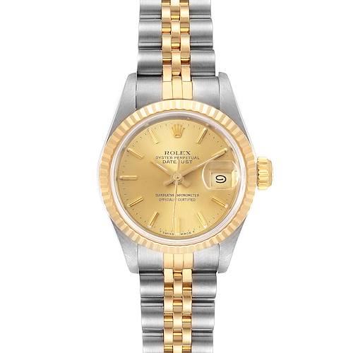 This image shows a front view of a Rolex Datejust 69173 Women's Steel and Gold (two tone) Champagne Dial 69173 Women's Steel and Gold (two tone) Champagne Dial watch with a two-tone bracelet and a gold dial.