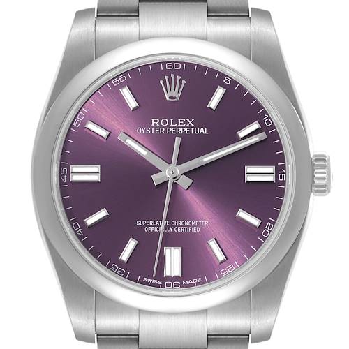 This image shows a frontal view of a Rolex Oyster Perpetual 116000 Men's Stainless Steel Purple Dial 116000 Men's Stainless Steel Purple Dial watch, highlighting its purple dial, markers, and part of its bracelet.