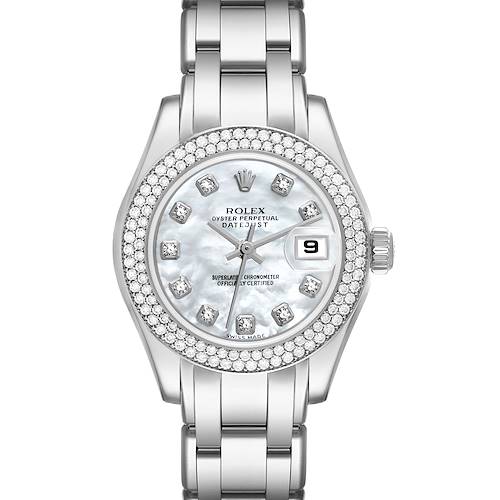 The image shows a front view of the Rolex Pearlmaster 80339 Women's White Gold Mother of Pearl Dial 80339 Women's White Gold Mother of Pearl Dial watch, featuring a diamond bezel, white dial, and metal bracelet.