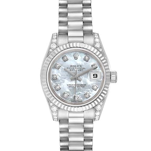 The Rolex Oyster Perpetual Datejust President model is shown from a front angle, displaying the bracelet, bezel, dial, and date function.