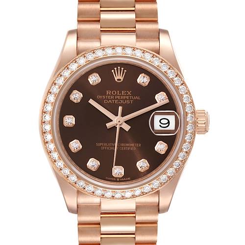 The image shows a front view of a Rolex President 278285 Women's Rose Gold Brown Dial 278285 Women's Rose Gold Brown Dial model watch, highlighting its dial, bezel, and bracelet.