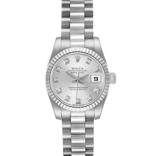 This is a front view of the Rolex President 179179 Women's White Gold Silver Dial 179179 Women's White Gold Silver Dial model showing the face, bracelet, and crown.