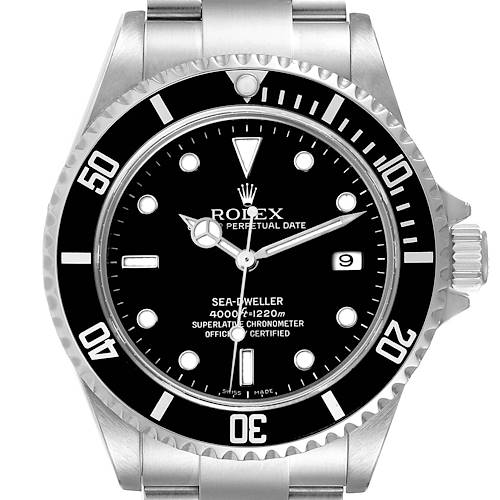 This image shows a front view of the Rolex Sea-Dweller 16600 Men's Stainless Steel Black Dial 16600 Men's Stainless Steel Black Dial watch, highlighting its dial, bezel, and bracelet.