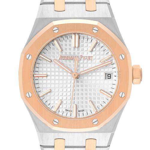 This image shows a frontal view of an Audemars Piguet Royal Oak 15550SR.OO.1356SR.02 Men's Steel and Gold (two tone) Silver Dial 15550SR.OO.1356SR.02 Men's Steel and Gold (two tone) Silver Dial watch, highlighting the bezel, dial, and part of the bracelet.