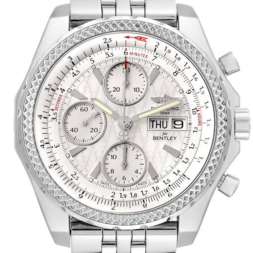 The Breitling Bentley A13362 Men's Stainless Steel White Dial A13362 Men's Stainless Steel White Dial watch is shown from the front, displaying the face, bezel, hands, and chronograph subdials.