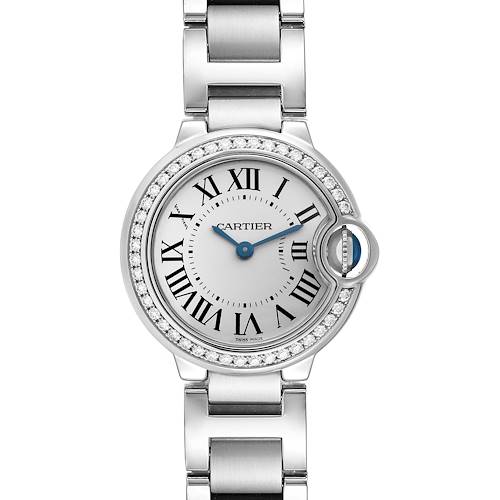 The Cartier Ballon Bleu W4BB0015 Women's Stainless Steel Silver Dial W4BB0015 Women's Stainless Steel Silver Dial watch is shown from a top-down angle displaying the face, bezel, and part of the bracelet.