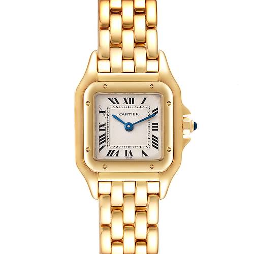 The image displays a front view of a Cartier Panthere W25022B9 Women's Yellow Gold Silver Dial W25022B9 Women's Yellow Gold Silver Dial model watch, showcasing its square face, roman numerals, and gold bracelet.